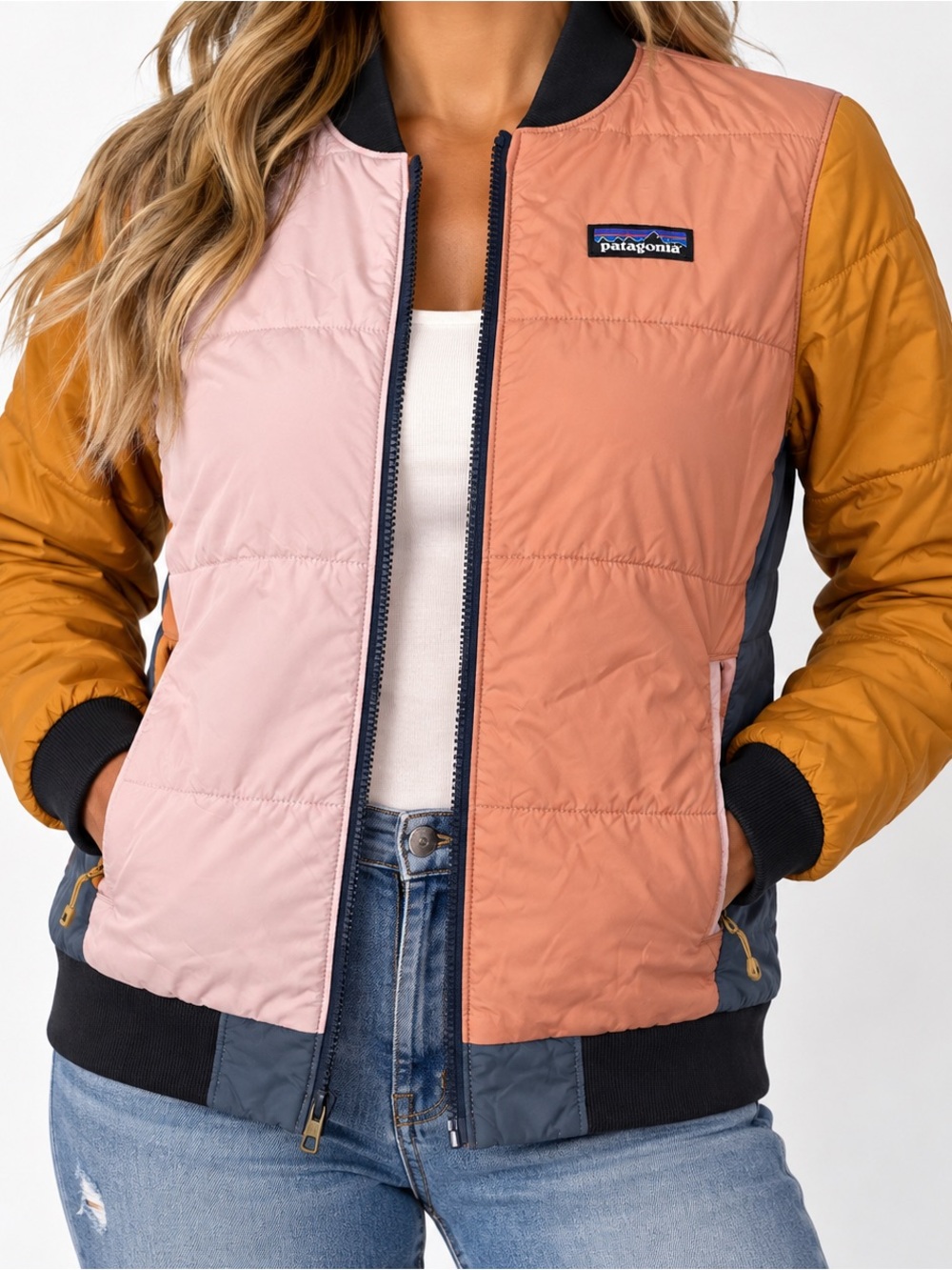 Patagonia Women’s Small Colorblock Quilted Bomber Jacket Pink Orange Blue